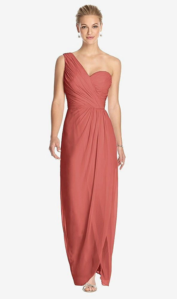 Front View - Coral Pink One-Shoulder Draped Maxi Dress with Front Slit - Aeryn