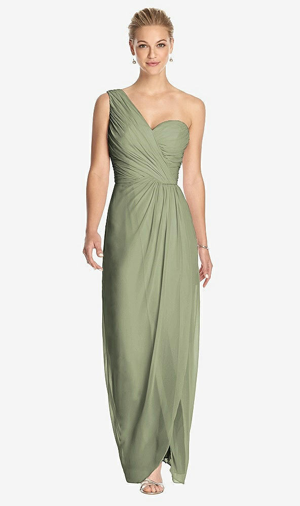 Front View - Sage One-Shoulder Draped Maxi Dress with Front Slit - Aeryn