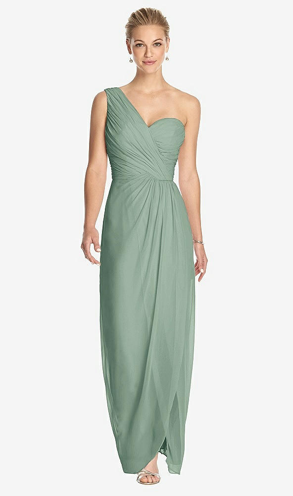 Front View - Seagrass One-Shoulder Draped Maxi Dress with Front Slit - Aeryn