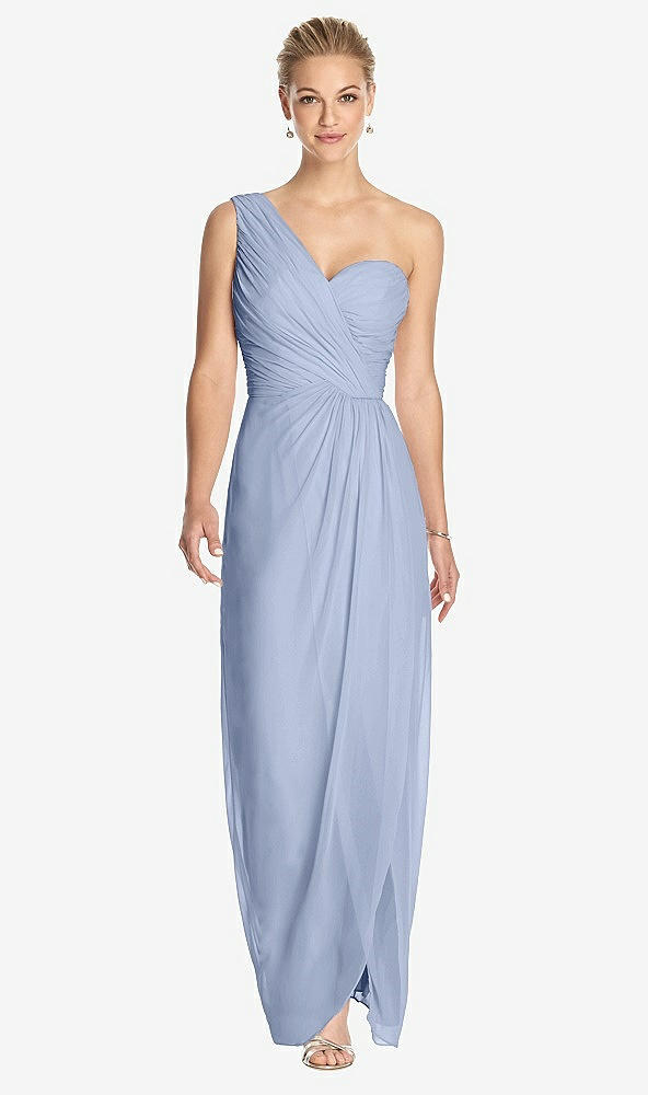 Front View - Sky Blue One-Shoulder Draped Maxi Dress with Front Slit - Aeryn