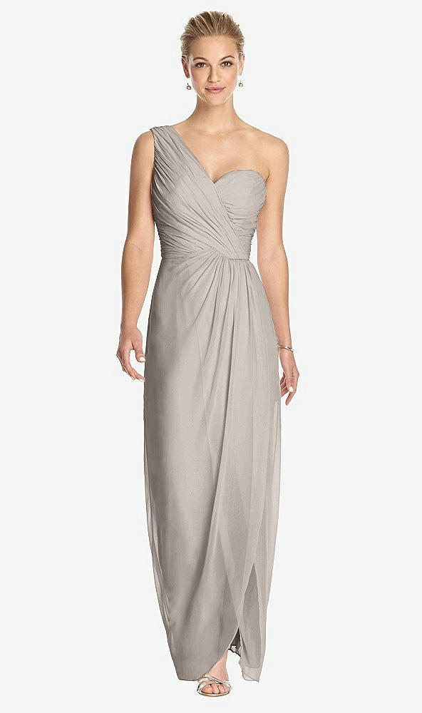 Front View - Taupe One-Shoulder Draped Maxi Dress with Front Slit - Aeryn