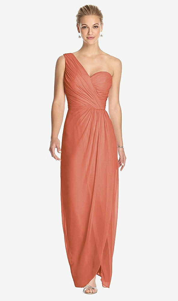 Front View - Terracotta Copper One-Shoulder Draped Maxi Dress with Front Slit - Aeryn