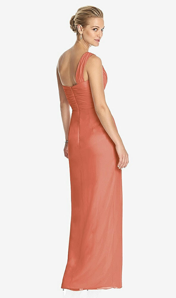 Back View - Terracotta Copper One-Shoulder Draped Maxi Dress with Front Slit - Aeryn
