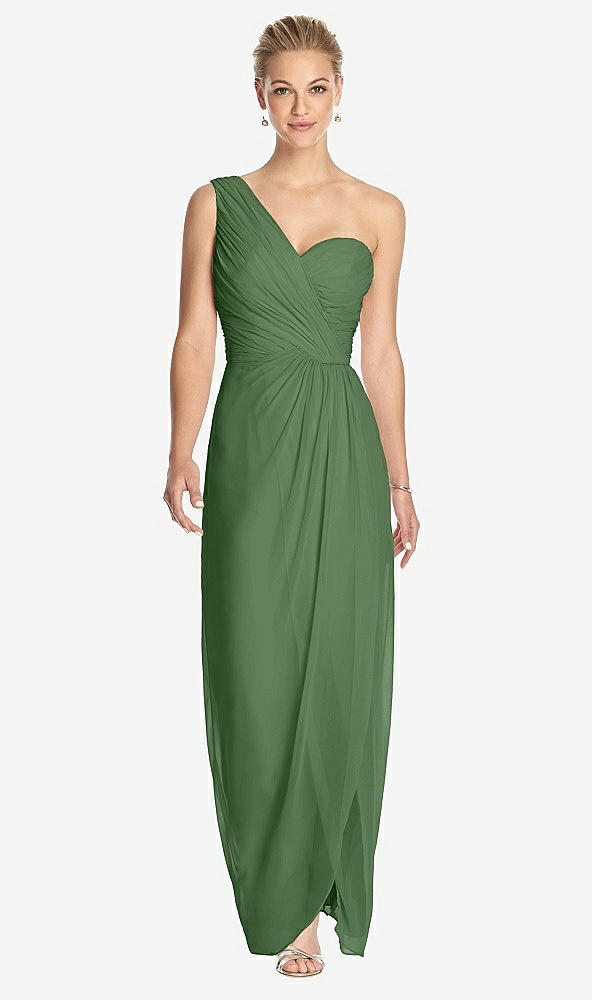Front View - Vineyard Green One-Shoulder Draped Maxi Dress with Front Slit - Aeryn