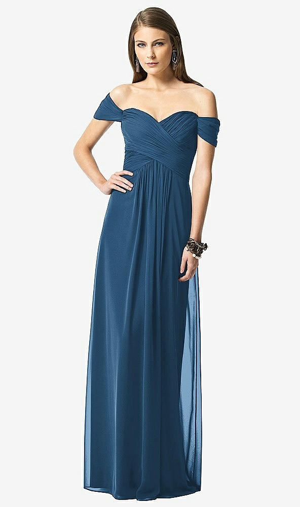 Front View - Dusk Blue Off-the-Shoulder Ruched Chiffon Maxi Dress - Alessia