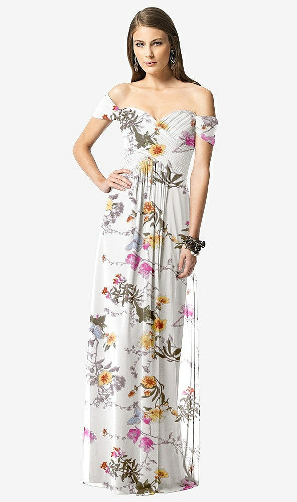 Front View - Butterfly Botanica Ivory Off-the-Shoulder Ruched Chiffon Maxi Dress - Alessia