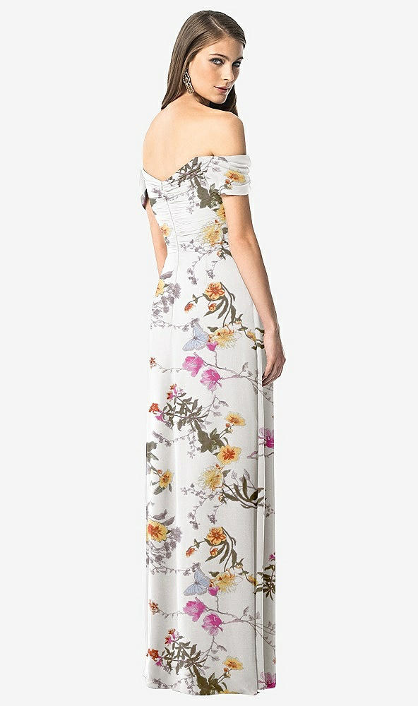 Back View - Butterfly Botanica Ivory Off-the-Shoulder Ruched Chiffon Maxi Dress - Alessia