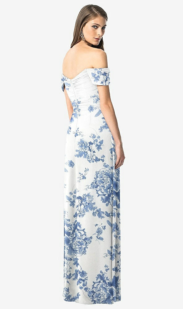 Back View - Cottage Rose Dusk Blue Off-the-Shoulder Ruched Chiffon Maxi Dress - Alessia