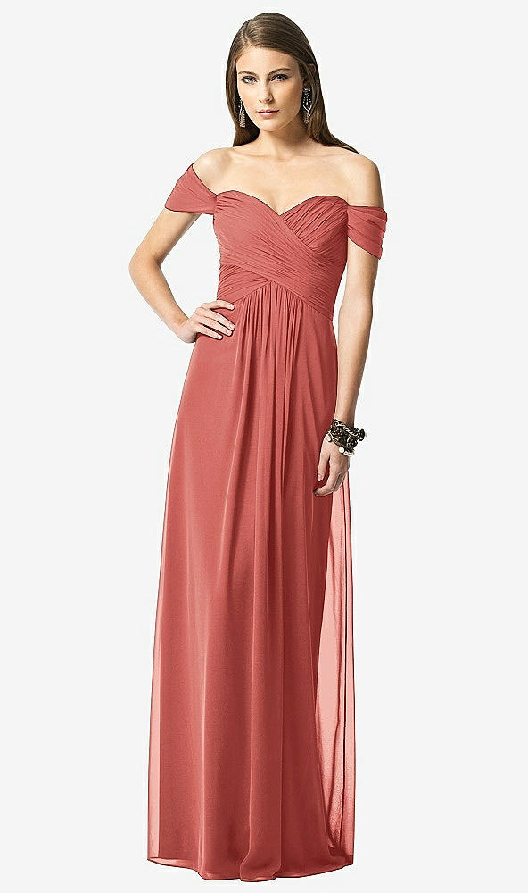 Front View - Coral Pink Off-the-Shoulder Ruched Chiffon Maxi Dress - Alessia