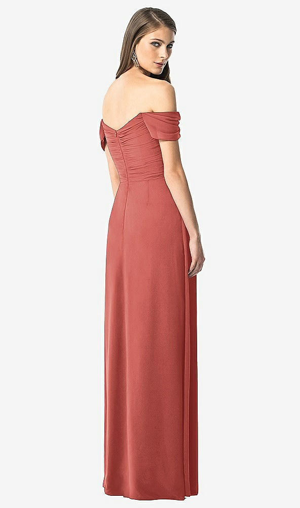 Back View - Coral Pink Off-the-Shoulder Ruched Chiffon Maxi Dress - Alessia