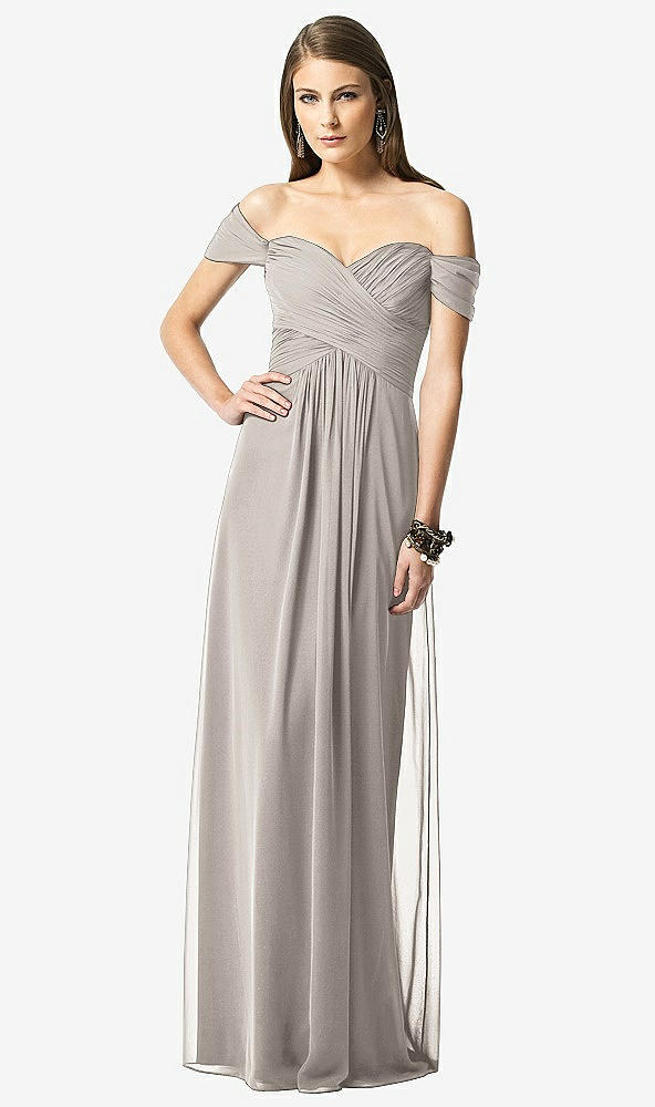 Front View - Taupe Off-the-Shoulder Ruched Chiffon Maxi Dress - Alessia
