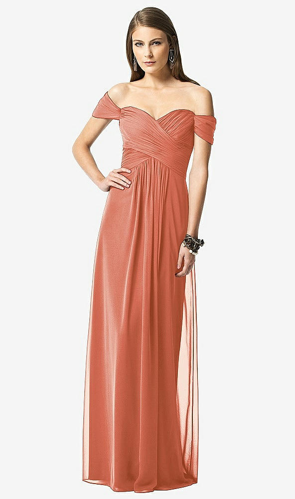 Front View - Terracotta Copper Off-the-Shoulder Ruched Chiffon Maxi Dress - Alessia