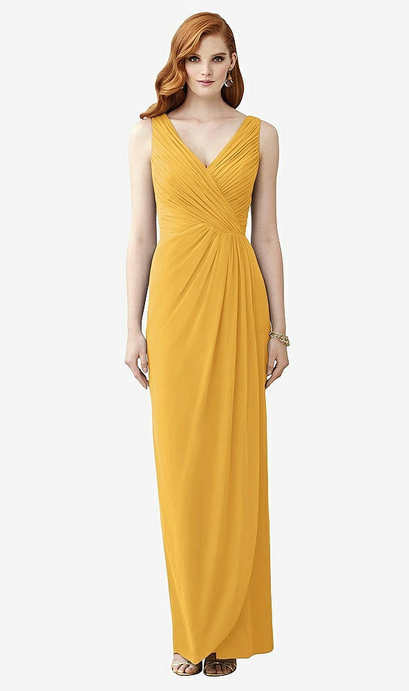 Front View - NYC Yellow Sleeveless Draped Faux Wrap Maxi Dress - Dahlia