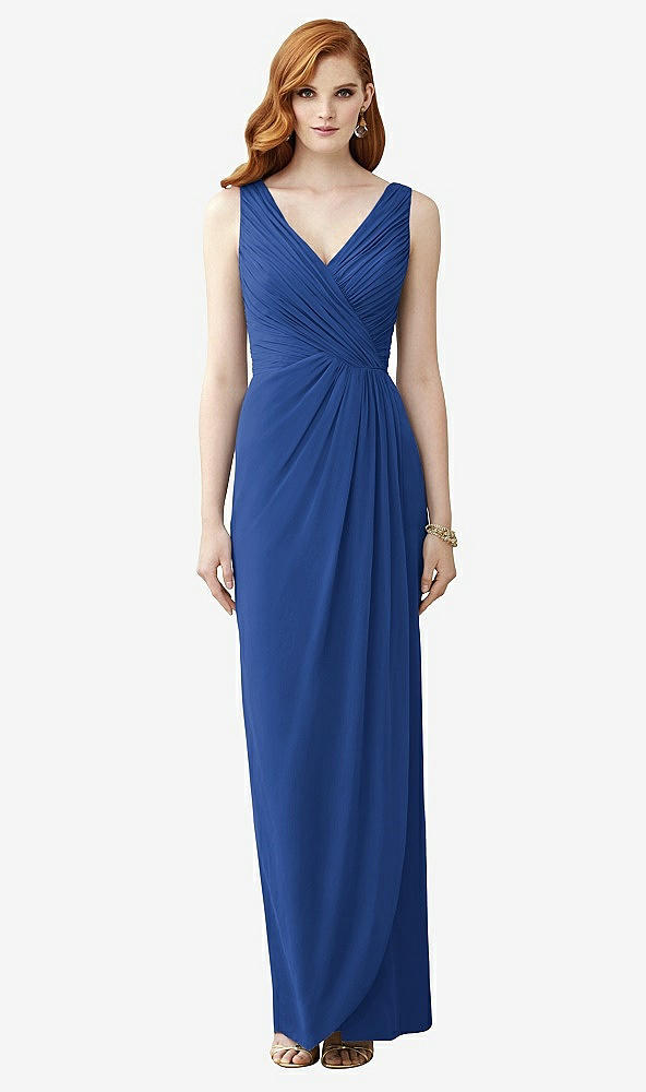 Front View - Classic Blue Sleeveless Draped Faux Wrap Maxi Dress - Dahlia