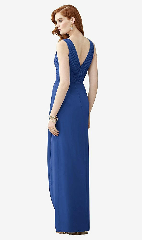 Back View - Classic Blue Sleeveless Draped Faux Wrap Maxi Dress - Dahlia