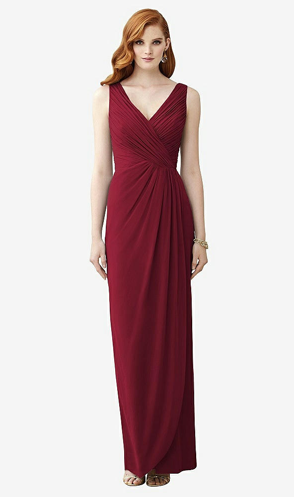 Front View - Burgundy Sleeveless Draped Faux Wrap Maxi Dress - Dahlia