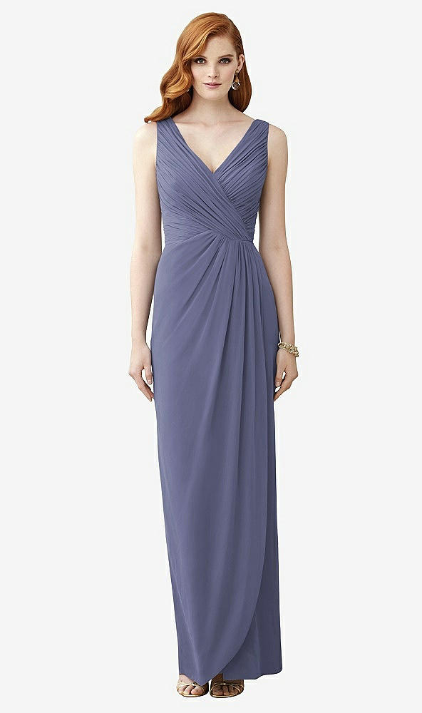 Front View - French Blue Sleeveless Draped Faux Wrap Maxi Dress - Dahlia
