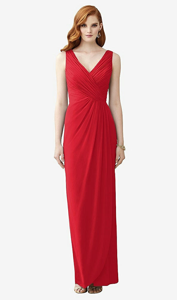 Front View - Parisian Red Sleeveless Draped Faux Wrap Maxi Dress - Dahlia