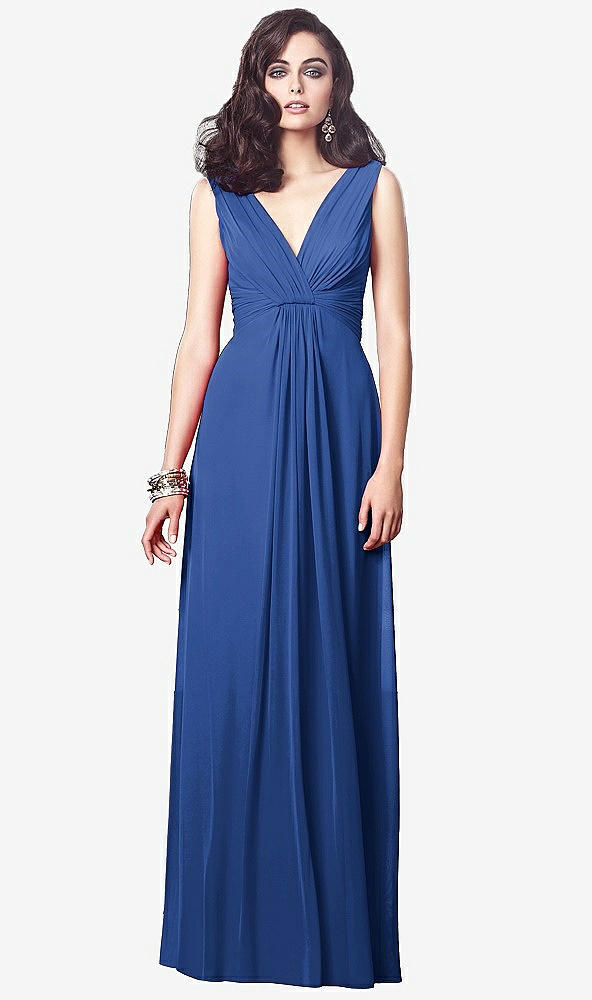 Front View - Classic Blue Draped V-Neck Shirred Chiffon Maxi Dress