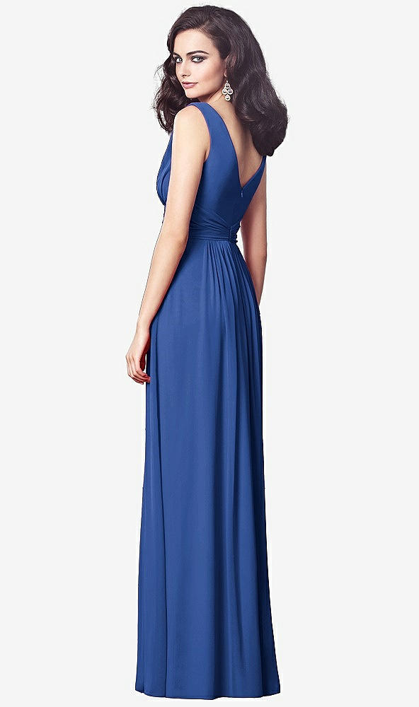 Back View - Classic Blue Draped V-Neck Shirred Chiffon Maxi Dress