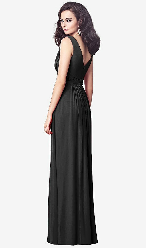 Back View - Black Draped V-Neck Shirred Chiffon Maxi Dress