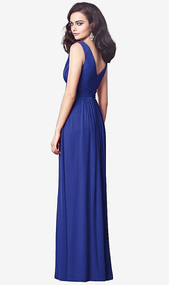 Back View - Cobalt Blue Draped V-Neck Shirred Chiffon Maxi Dress
