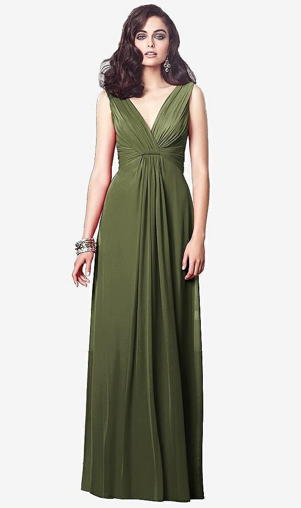 Front View - Olive Green Draped V-Neck Shirred Chiffon Maxi Dress