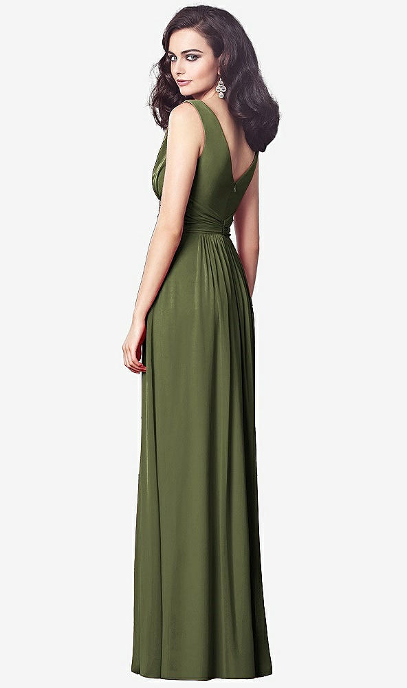 Back View - Olive Green Draped V-Neck Shirred Chiffon Maxi Dress