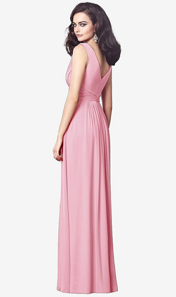 Back View - Peony Pink Draped V-Neck Shirred Chiffon Maxi Dress