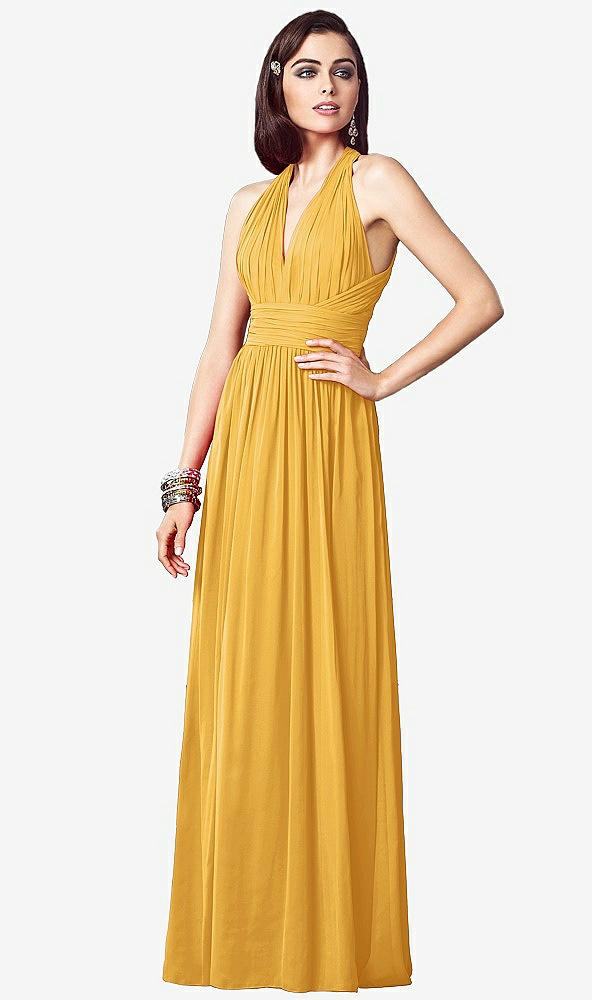 Front View - NYC Yellow Ruched Halter Open-Back Maxi Dress - Jada