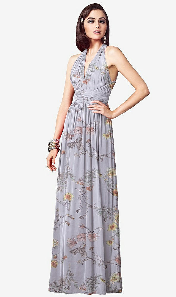 Front View - Butterfly Botanica Silver Dove Ruched Halter Open-Back Maxi Dress - Jada