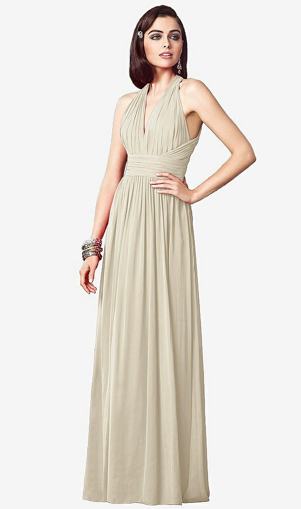 Front View - Champagne Ruched Halter Open-Back Maxi Dress - Jada