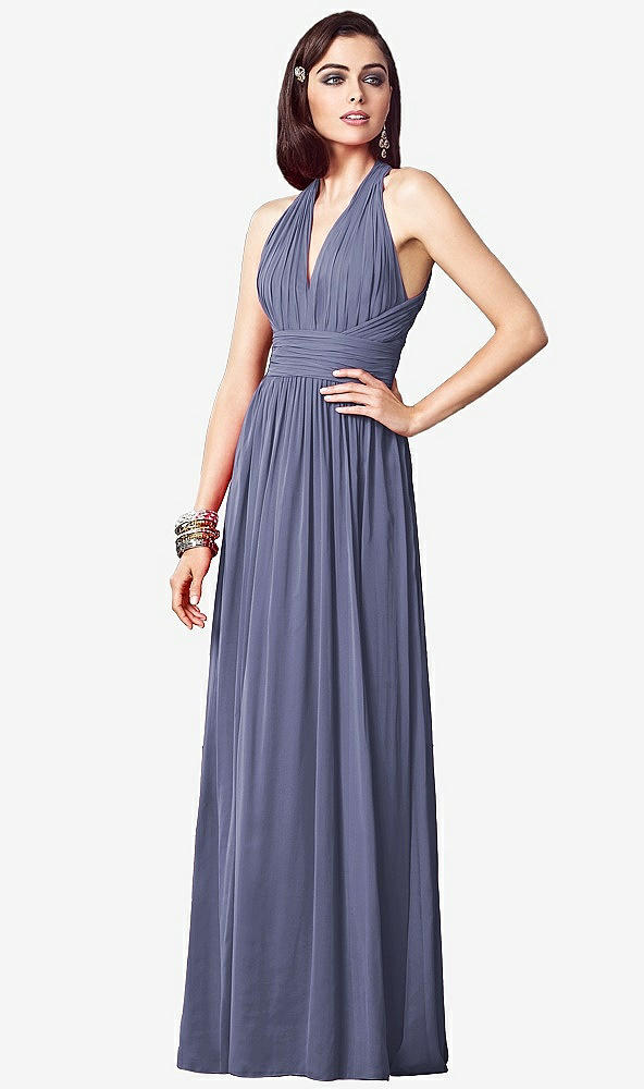 Front View - French Blue Ruched Halter Open-Back Maxi Dress - Jada