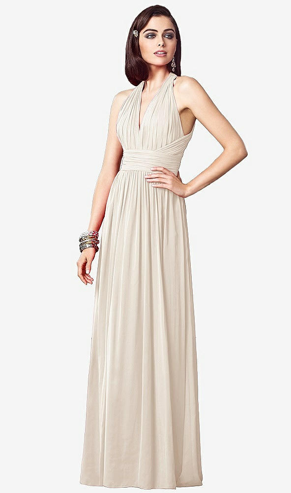 Front View - Oat Ruched Halter Open-Back Maxi Dress - Jada