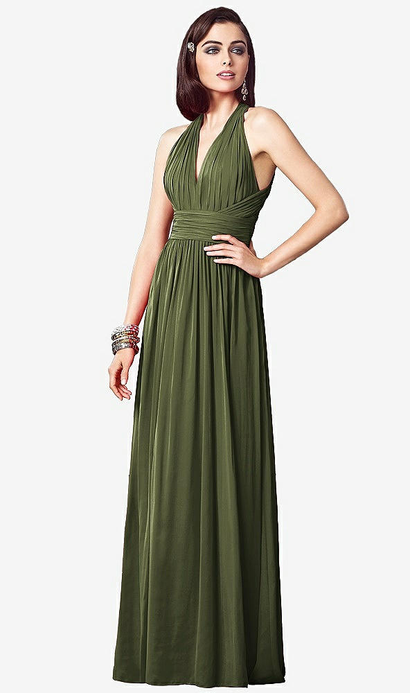Front View - Olive Green Ruched Halter Open-Back Maxi Dress - Jada