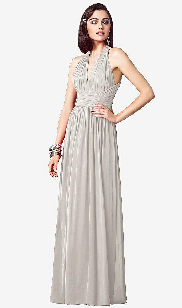 Front View - Oyster Ruched Halter Open-Back Maxi Dress - Jada