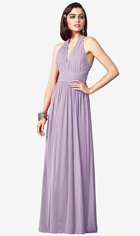 Front View - Pale Purple Ruched Halter Open-Back Maxi Dress - Jada