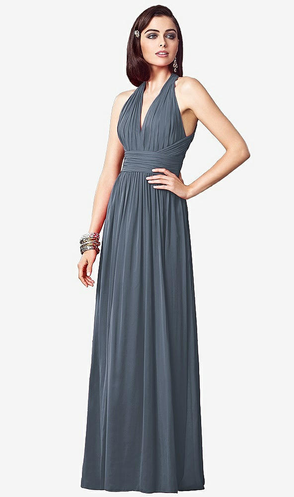Front View - Silverstone Ruched Halter Open-Back Maxi Dress - Jada