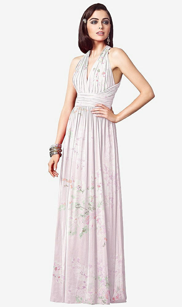 Front View - Watercolor Print Ruched Halter Open-Back Maxi Dress - Jada