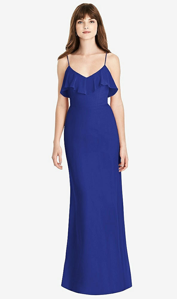 Front View - Cobalt Blue Ruffle-Trimmed Backless Maxi Dress
