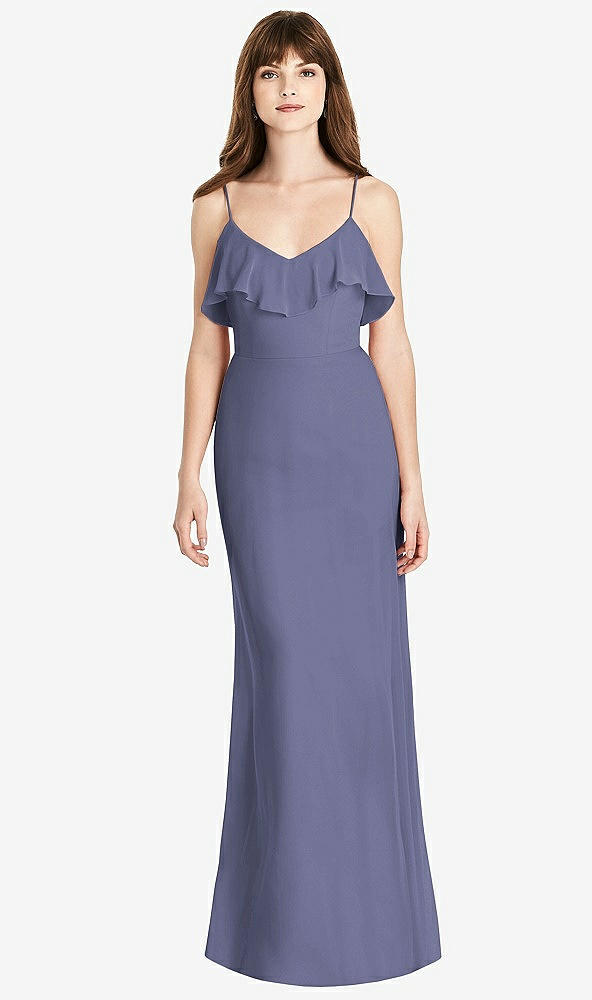 Front View - French Blue Ruffle-Trimmed Backless Maxi Dress