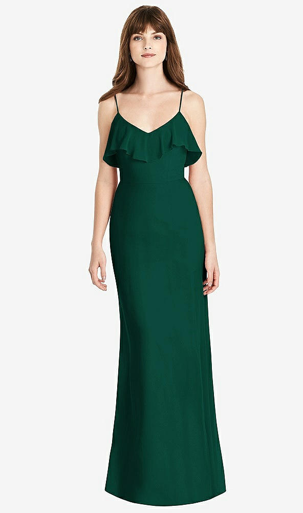 Front View - Hunter Green Ruffle-Trimmed Backless Maxi Dress