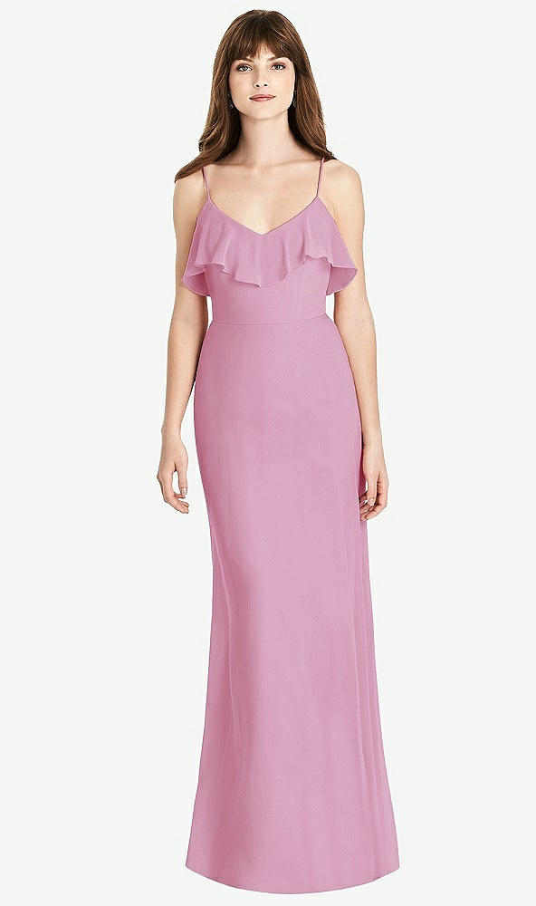Front View - Powder Pink Ruffle-Trimmed Backless Maxi Dress
