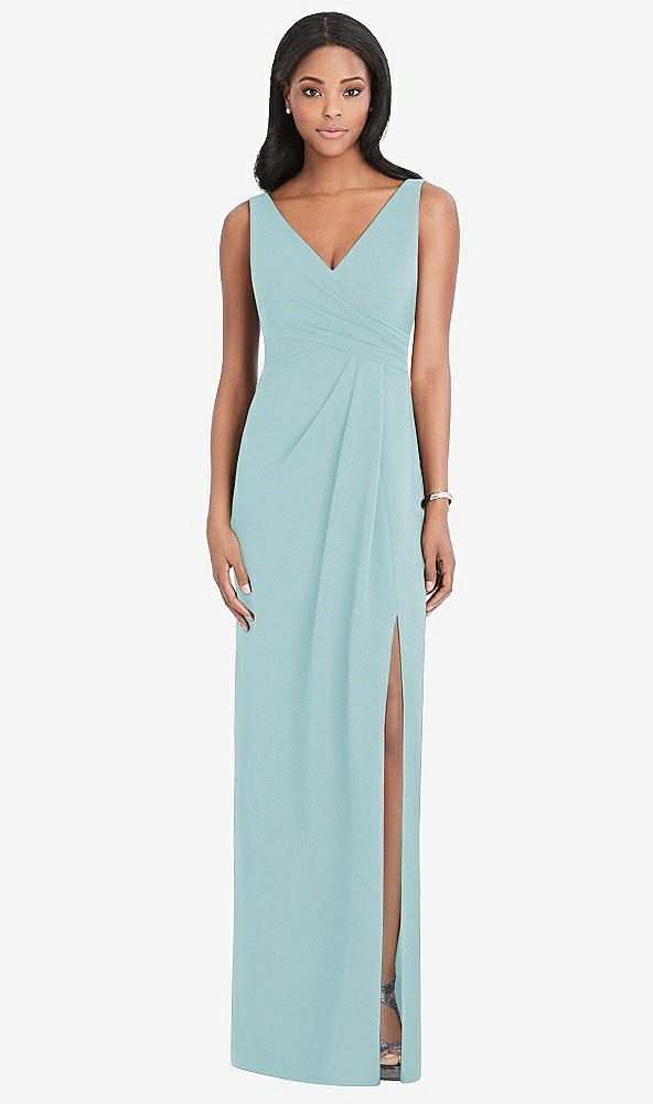 Front View - Canal Blue Draped Wrap Maxi Dress with Front Slit - Sena