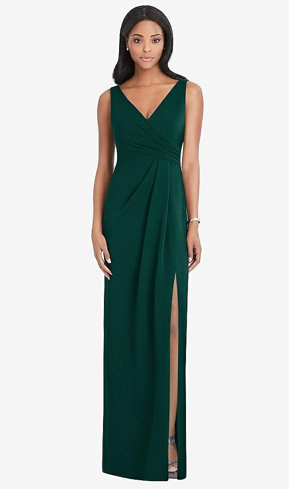 Front View - Evergreen Draped Wrap Maxi Dress with Front Slit - Sena