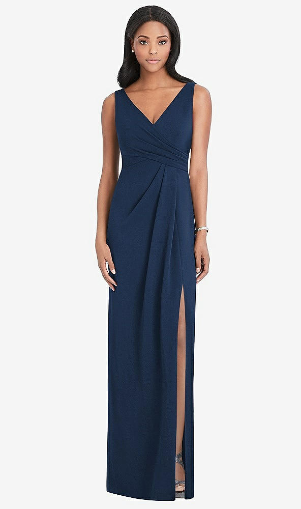 Front View - Midnight Navy Draped Wrap Maxi Dress with Front Slit - Sena