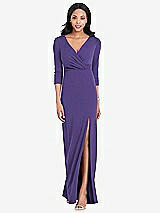 Front View Thumbnail - Regalia - PANTONE Ultra Violet 3/4 Sleeve V-Back Draped Wrap Maxi Dress - Yara