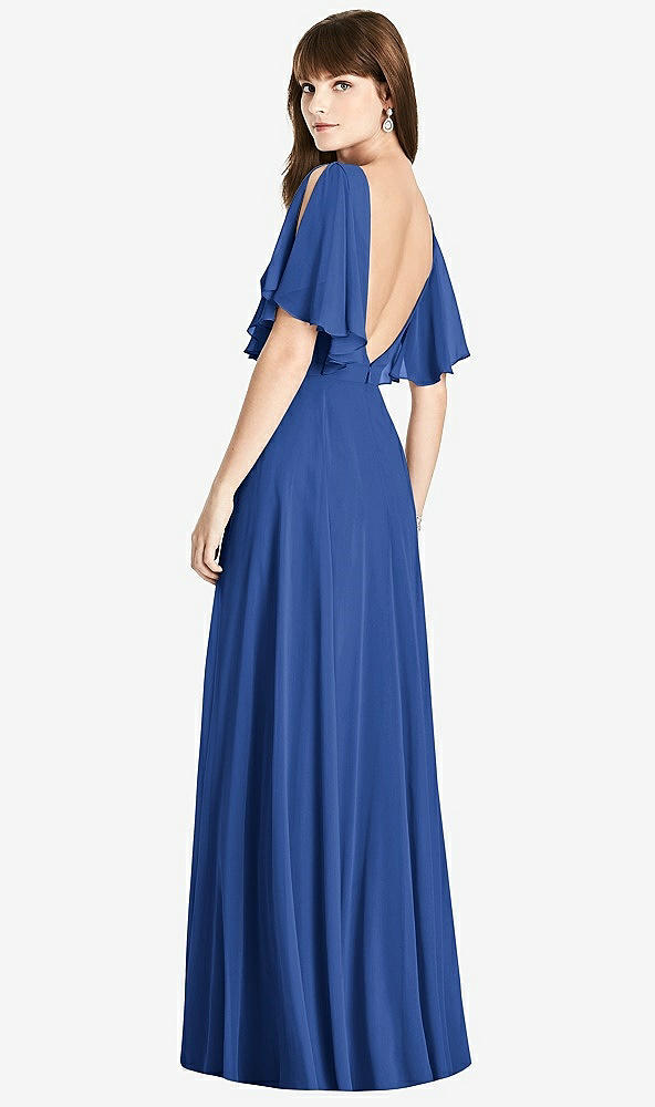 Front View - Classic Blue Split Sleeve Backless Maxi Dress - Lila