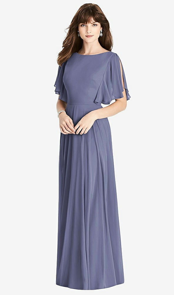 Back View - French Blue Split Sleeve Backless Maxi Dress - Lila