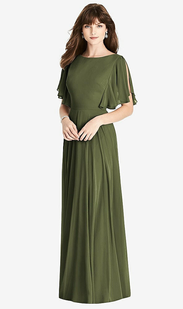 Back View - Olive Green Split Sleeve Backless Maxi Dress - Lila